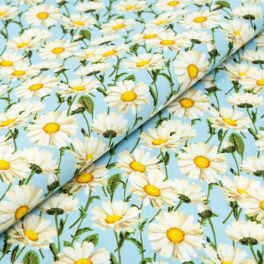 SINGER Daisys on Blue Cotton Fabric